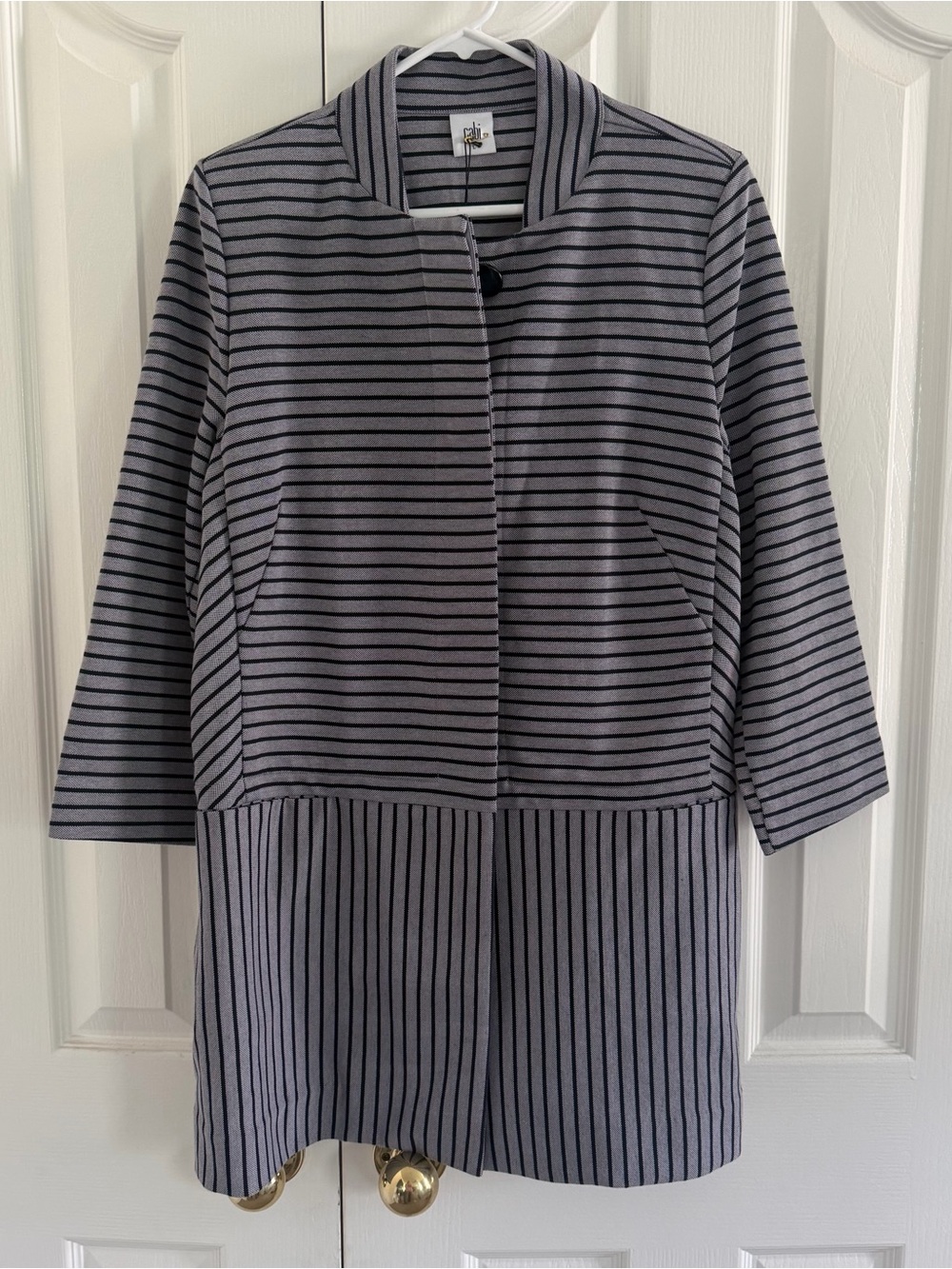 CAbi Dapple Stripe Car Coat Gray Blue Ponte Knit Jacket Blazer Trench Academia L - Picture 2 of 3